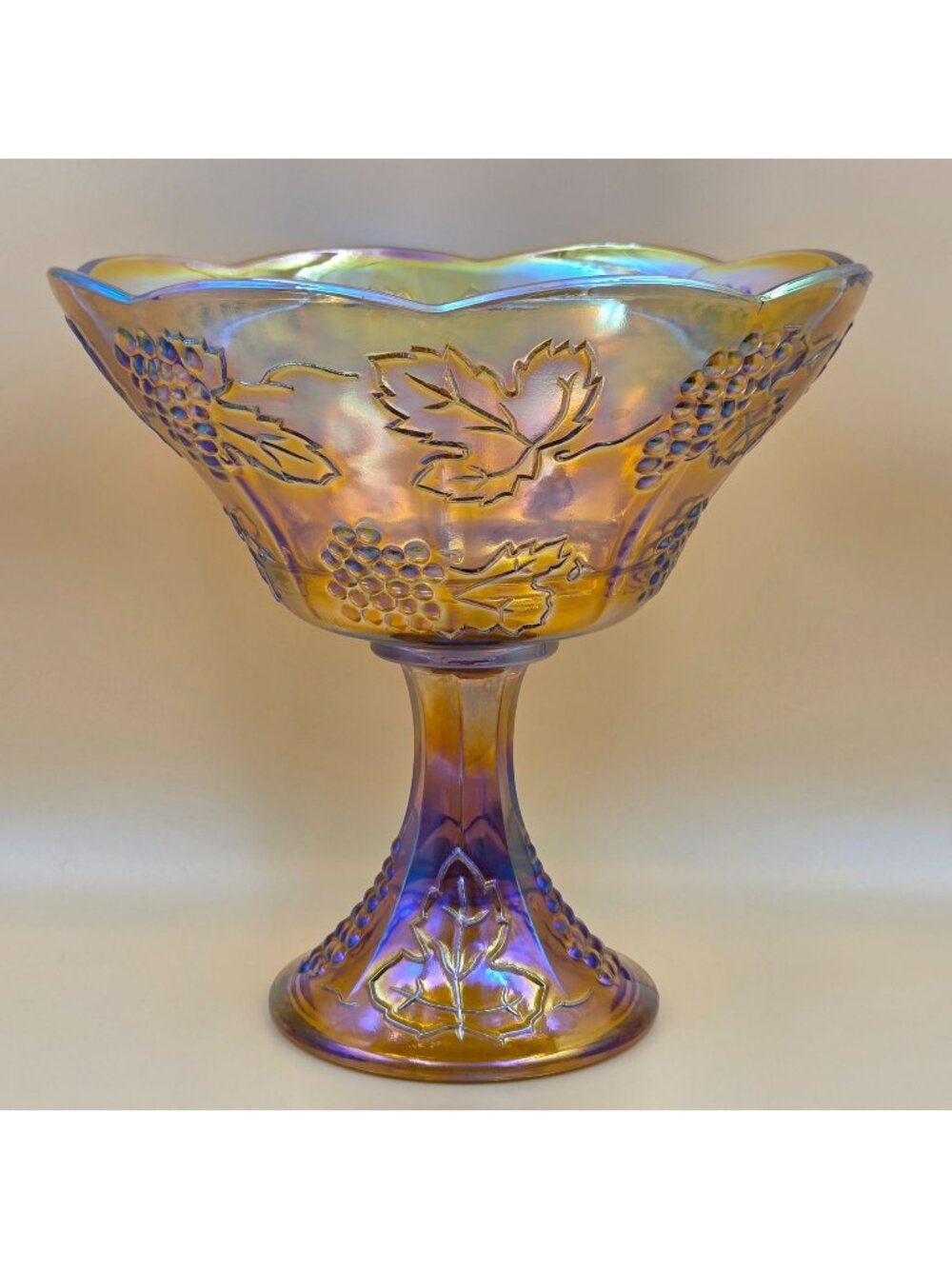 Colony Harvest Carnival Amber Glass Round Compote Grape Leaf Pedestal Bowl